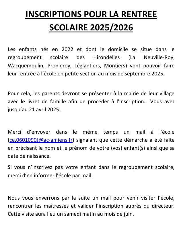 Inscription rentrée scolaire 2025-2026